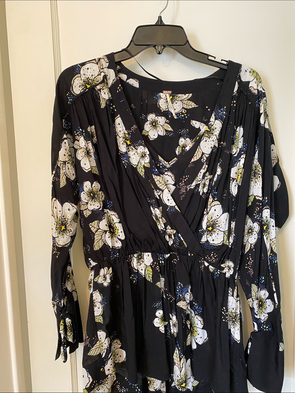 Free People Black Floral Top with White & Green Blooms